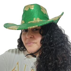 St. Patrick's Shamrock Cowboy Hat Sequin Green/Gold Costume Party 4 Leaf Clover